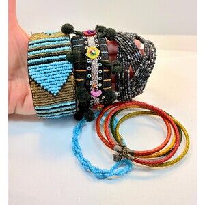 Boho Bracelets, 5 Stack, Set Lot, Layer, Beaded, Brown, Blue, Statement, Big